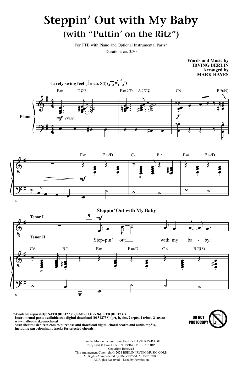 Product picture to: Steppin' Out With My Baby (with "Puttin' On The Ritz") (arr. Mark Hayes)