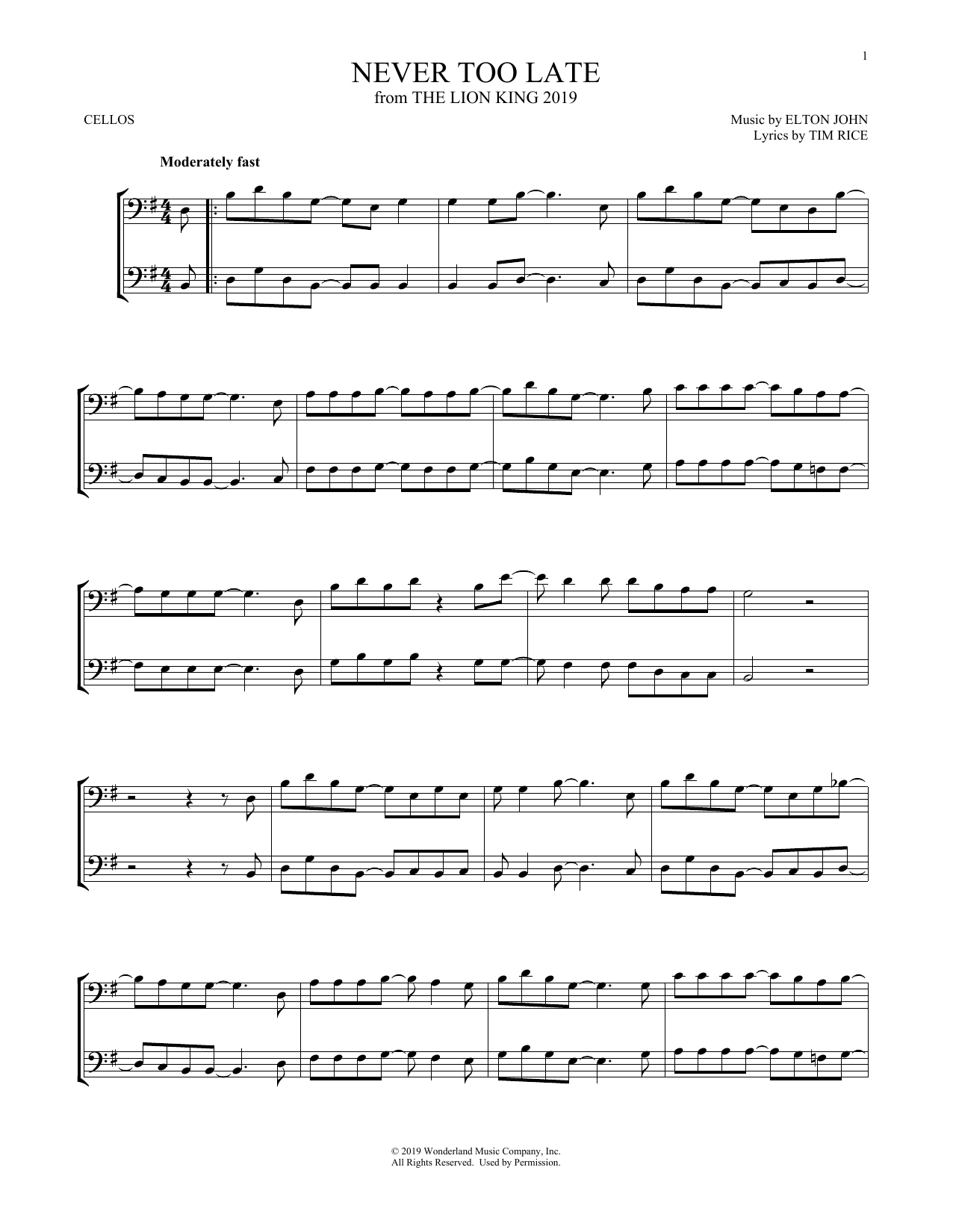 Produktgalerie: Seite 1 von 1 Never Too Late (from The Lion King 2019), Elton John, Violoncello