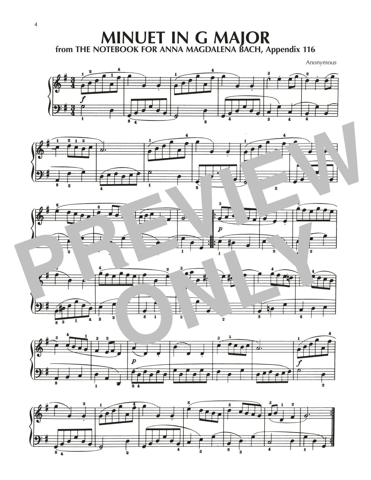 Product gallery: Page 1 of 1 Minuet In G Major, BWV Appendix 116, Notebook for Anna Magdalena Bach