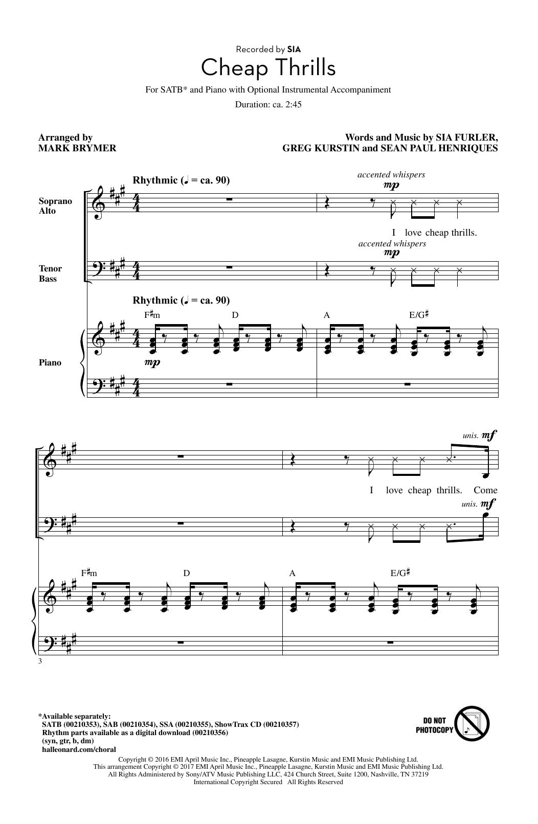 Produktgalerie: Seite 1 von 1 Cheap Thrills (feat. Sean Paul) (Arr. Mark Brymer), Sia, Chor