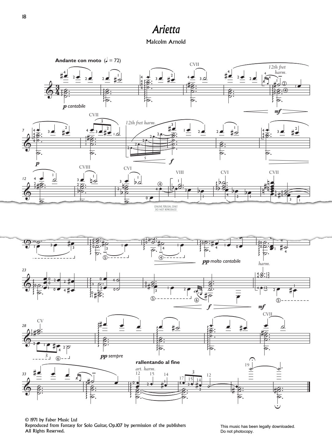 Product gallery: Page 1 of 1 Arietta (from 'Fantasy for Solo Guitar, Op. 107'), Malcolm Arnold
