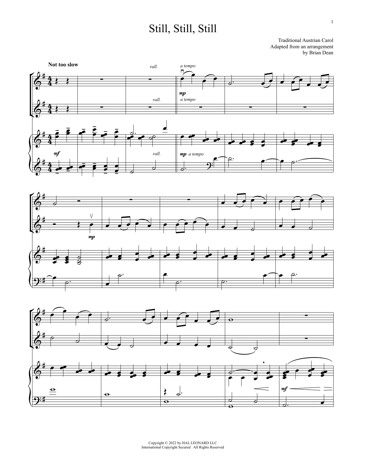 Product gallery: Page 1 of 1 Still, Still, Still (for Violin Duet and Piano), Traditional Austrian Text