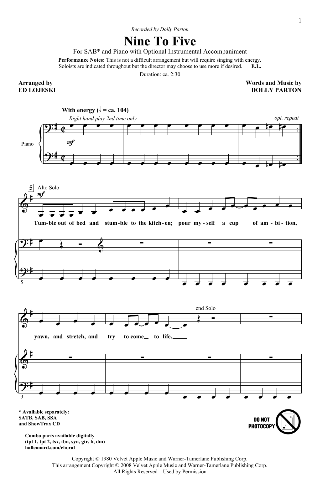 Produktgalerie: Seite 1 von 1 Nine To Five (arr. Ed Lojeski), Dolly Parton, Chor