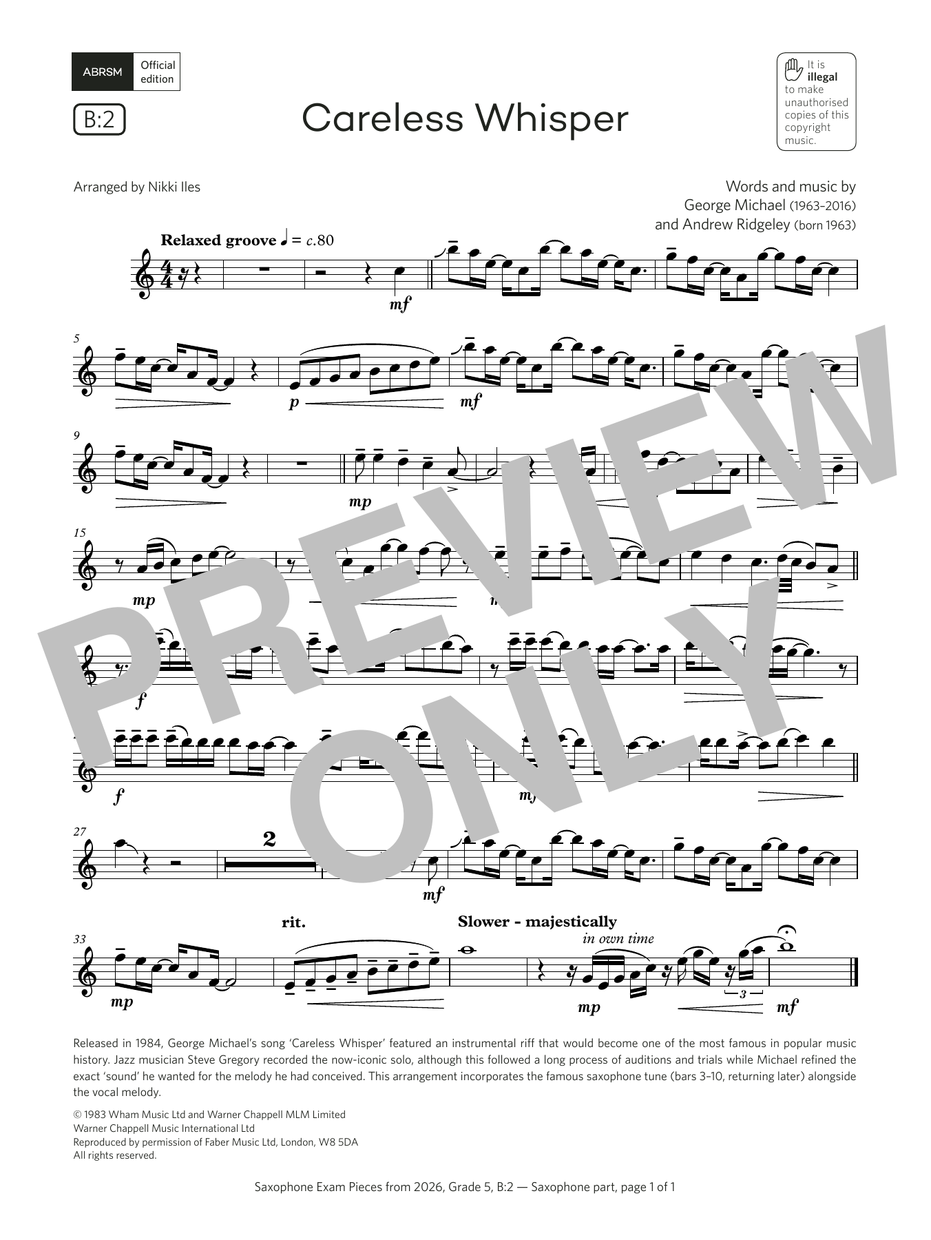 Product gallery: Page 1 of 1 Careless Whisper (Grade 5, list B2, from the ABRSM Saxophone Syllabus from 2026), George Michael