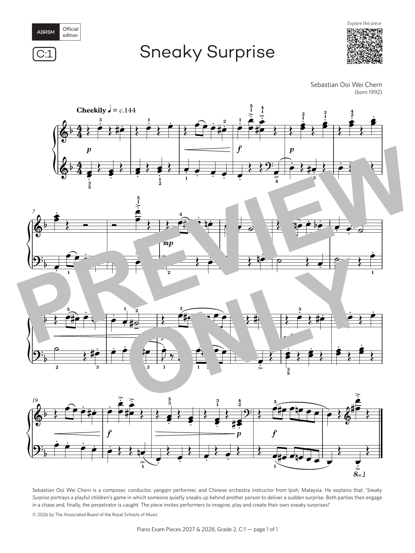 Product gallery: Page 1 of 1 Sneaky Surprise (Grade 2, list C1, from the ABRSM Piano Syllabus 2027 & 2028), Sebastian Ooi Wei Chern