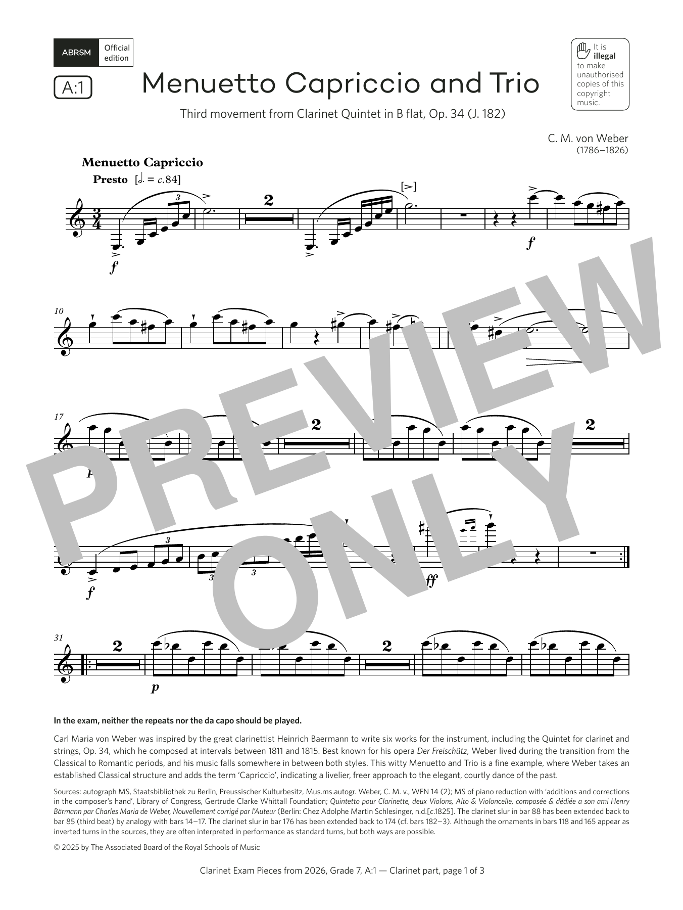 Product gallery: Page 1 of 1 Menuetto Capriccio and Trio (Grade 7, list A1, from the ABRSM Clarinet Syllabus from 2026), Carl Maria von Weber