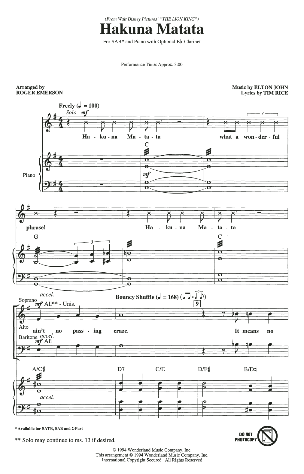 Product gallery: Page 1 of 1 Hakuna Matata (from The Lion King) (arr. Roger Emerson), Elton John