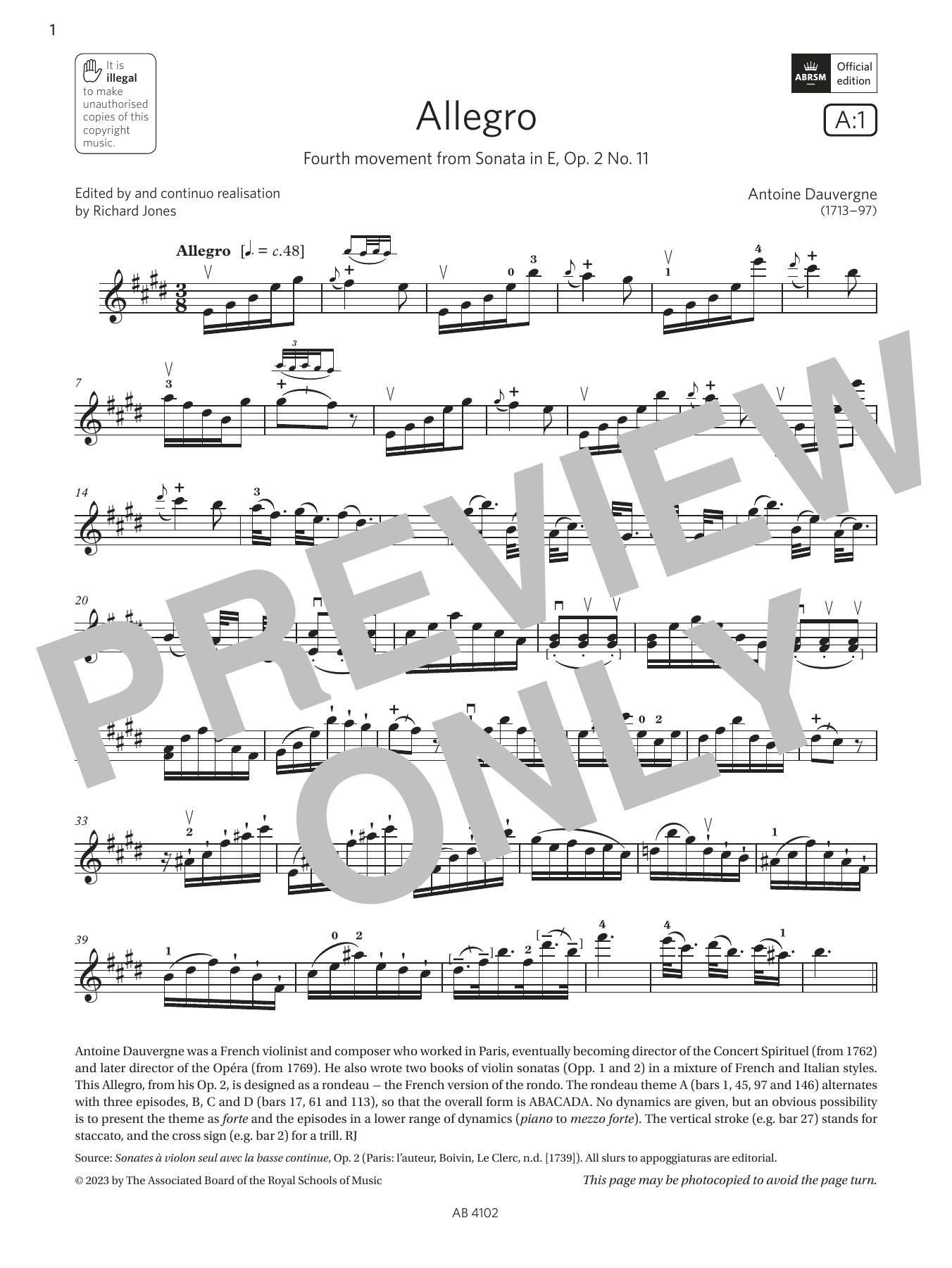 Product gallery: Page 1 of 1 Allegro (Grade 8, A1, from the ABRSM Violin Syllabus from 2024), Antoine Dauvergne