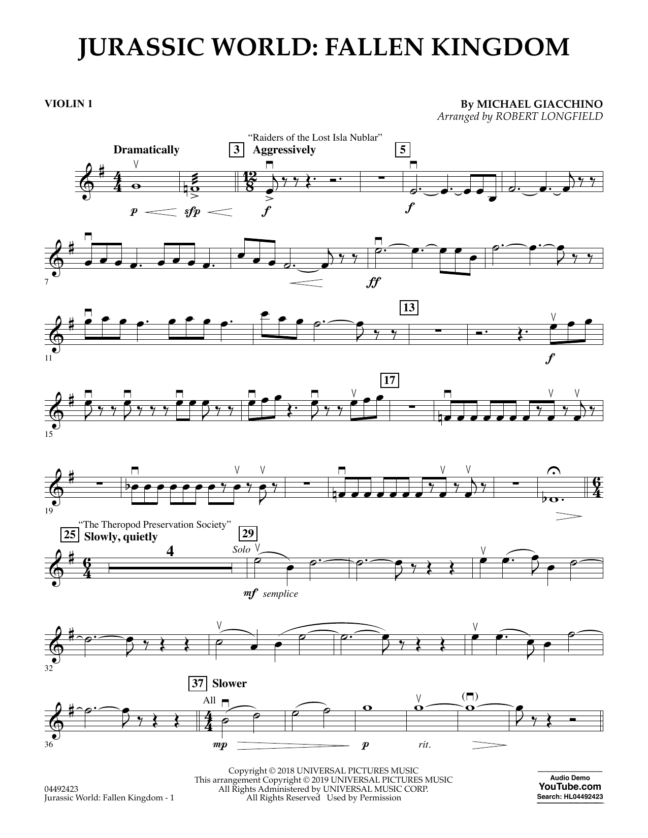 Product picture to: Jurassic World: Fallen Kingdom (arr. Robert Longfield) - Violin 1