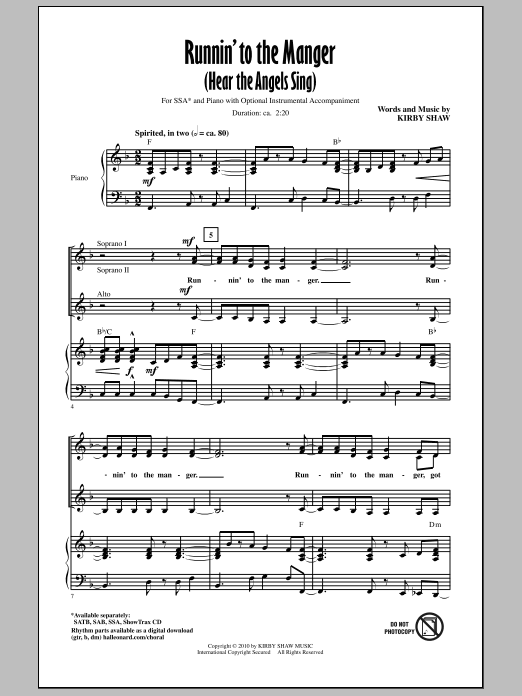 Product gallery: Page 1 of 1 Runnin' To The Manger (Hear The Angels Sing), Kirby Shaw
