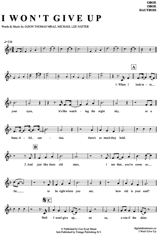 Product gallery: Page 1 of 4 I won´t give up , Mraz, Jason, (Oboe)