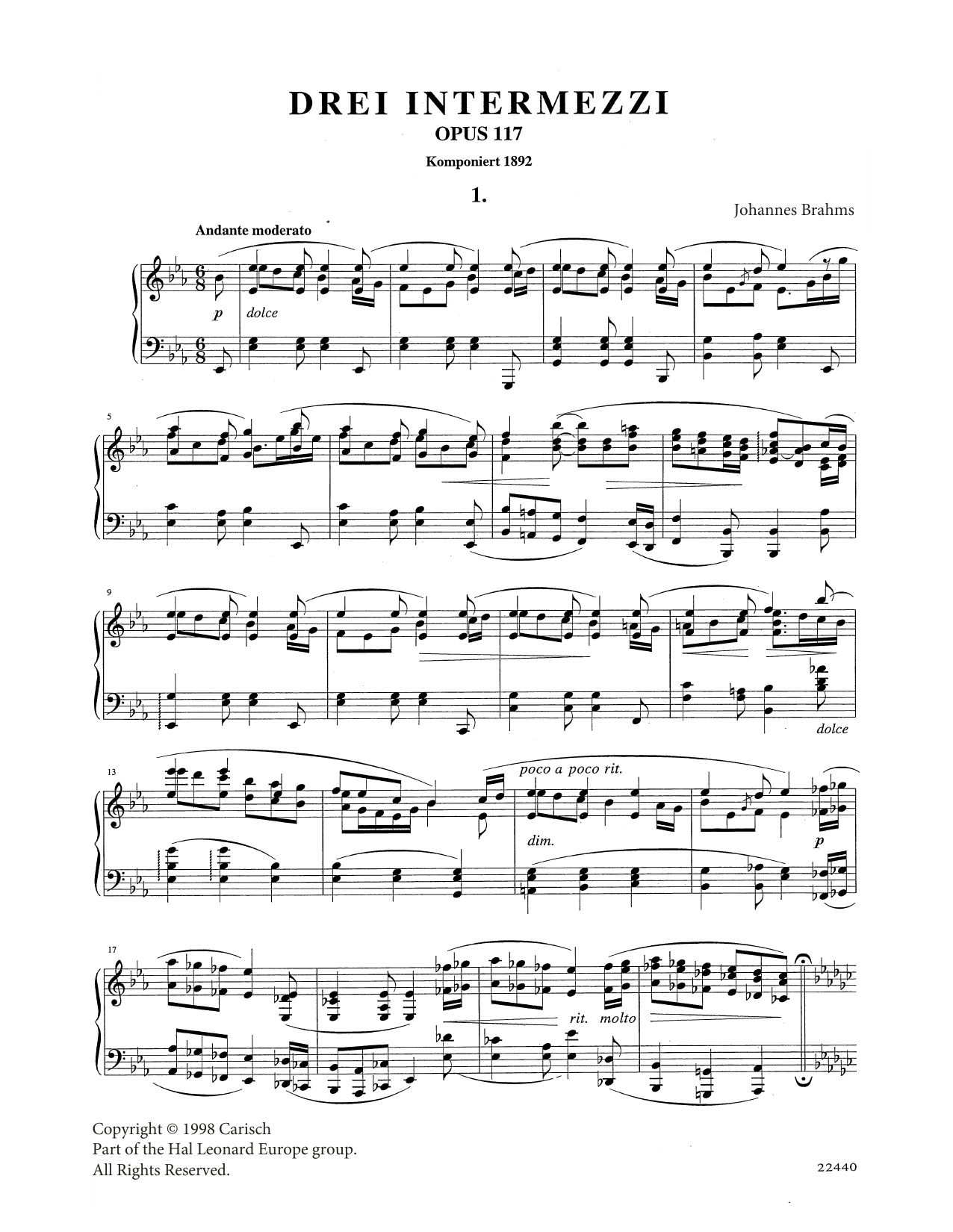 Produktgalerie: Seite 1 von 1 Intermezzo in E Flat Major Op. 117 No. 1, Johannes Brahms, Klavier