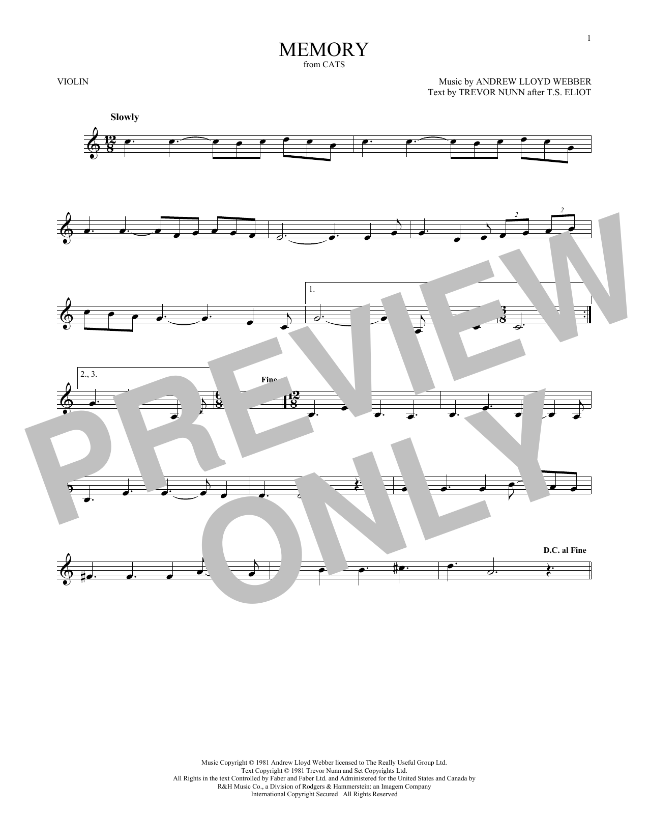 Product gallery: Page 1 of 1 Memory (from Cats), Andrew Lloyd Webber