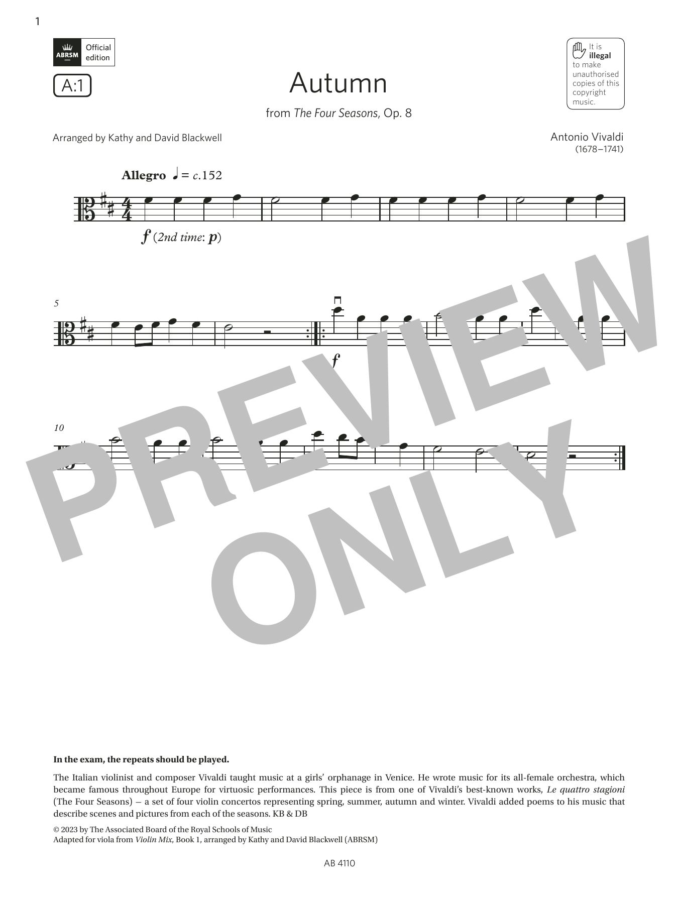 Produktbild zu:  Autumn (Grade Initial, A1, from the ABRSM Viola Syllabus from 2024) - Antonio Vivaldi