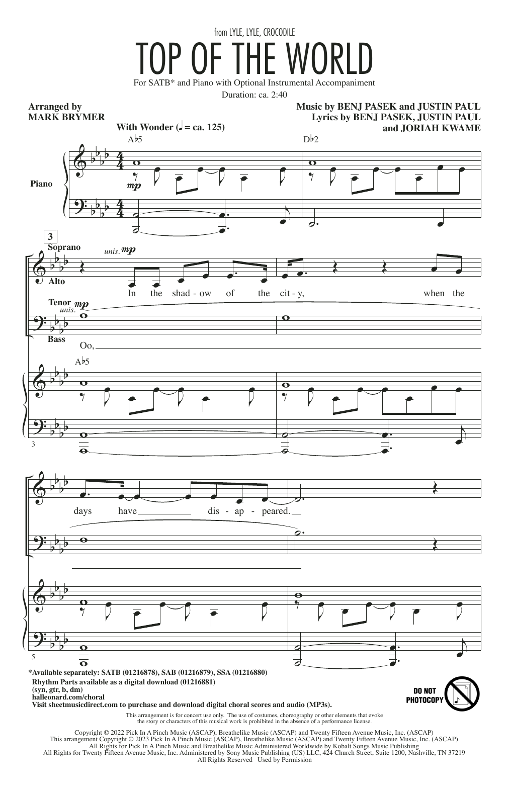 Produktbild zu: Top Of The World (from Lyle, Lyle, Crocodile) (arr. Mark Brymer)