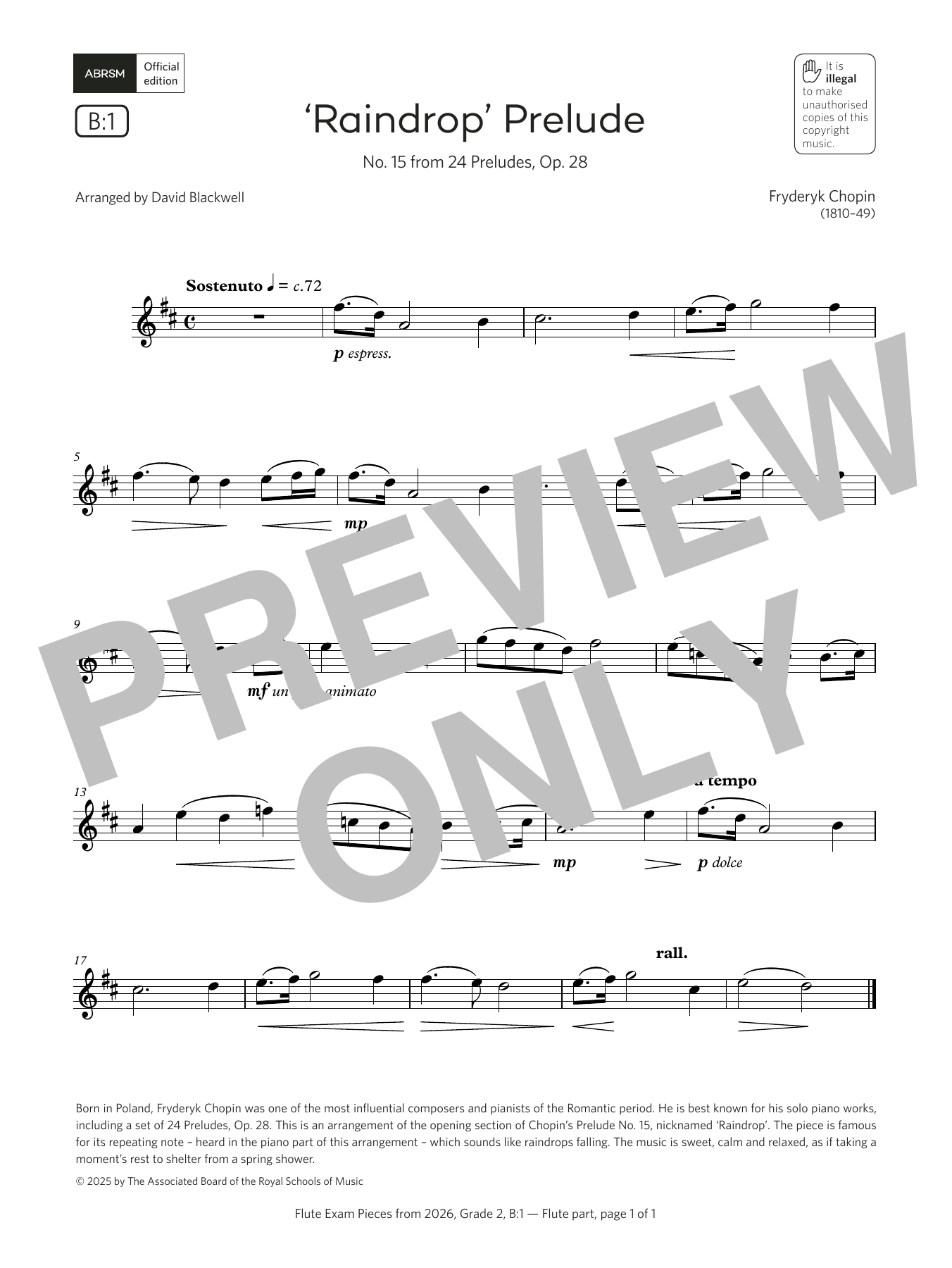 Product gallery: Page 1 of 1 'Raindrop' Prelude (Grade 2, list B1, from the ABRSM Flute Syllabus from 2026), Fryderyk Chopin