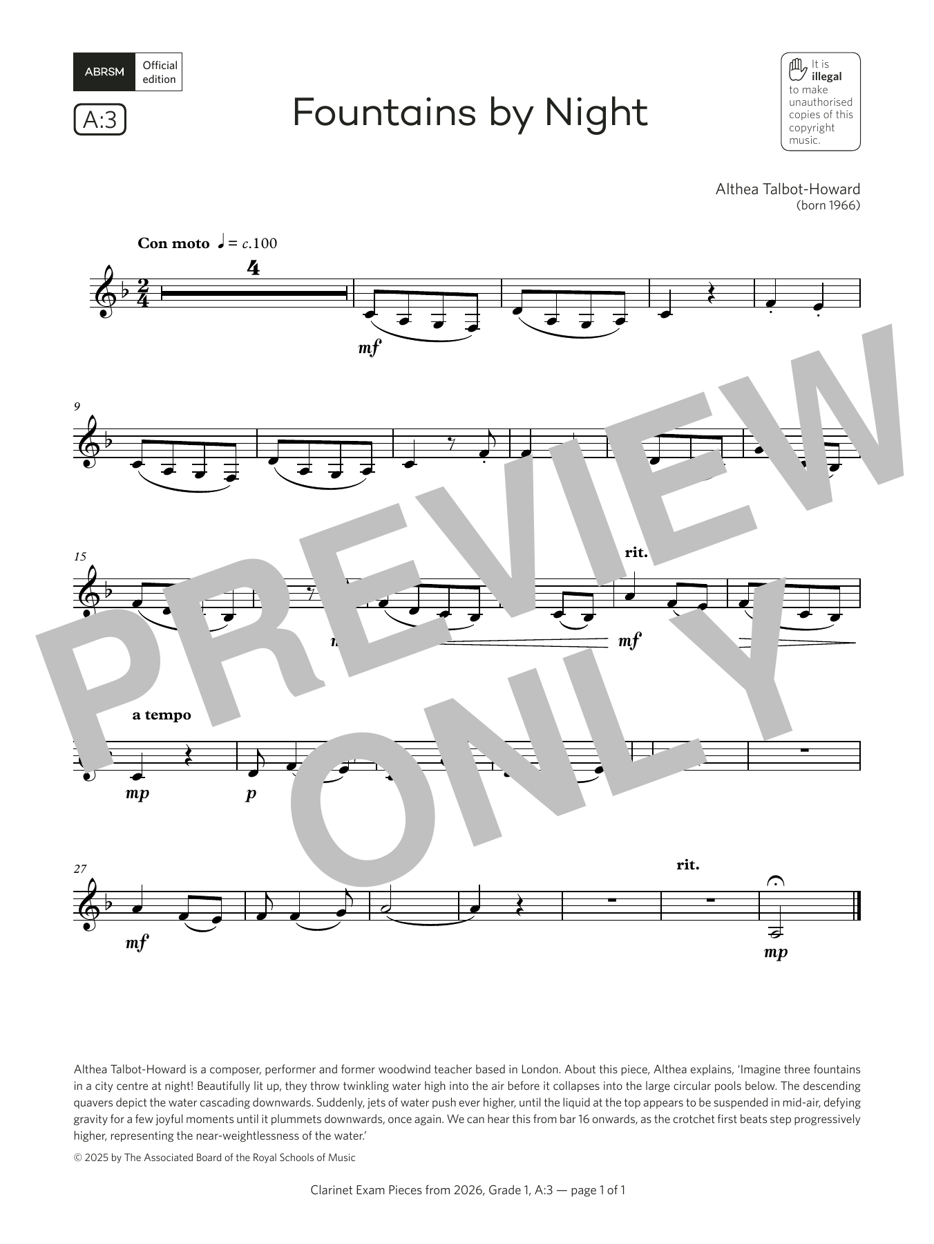 Product gallery: Page 1 of 1 Fountains by Night (Grade 1, list A3, from the ABRSM Clarinet Syllabus from 2026), Althea Talbot-Howard