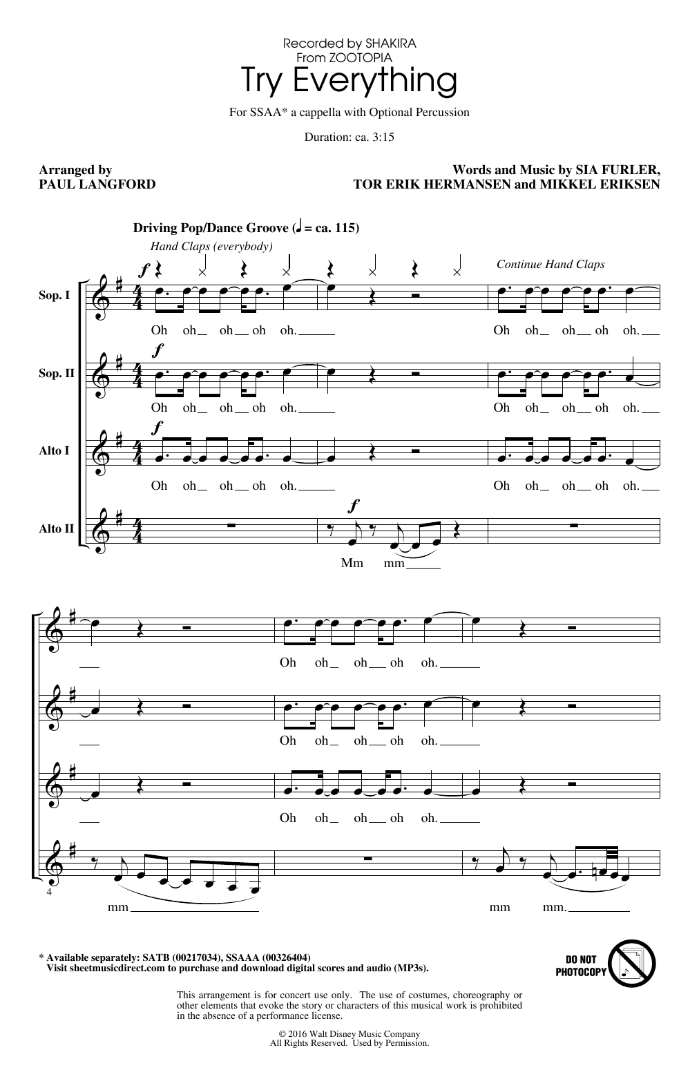 Product gallery: Page 1 of 1 Try Everything (arr. Paul Langford), Shakira