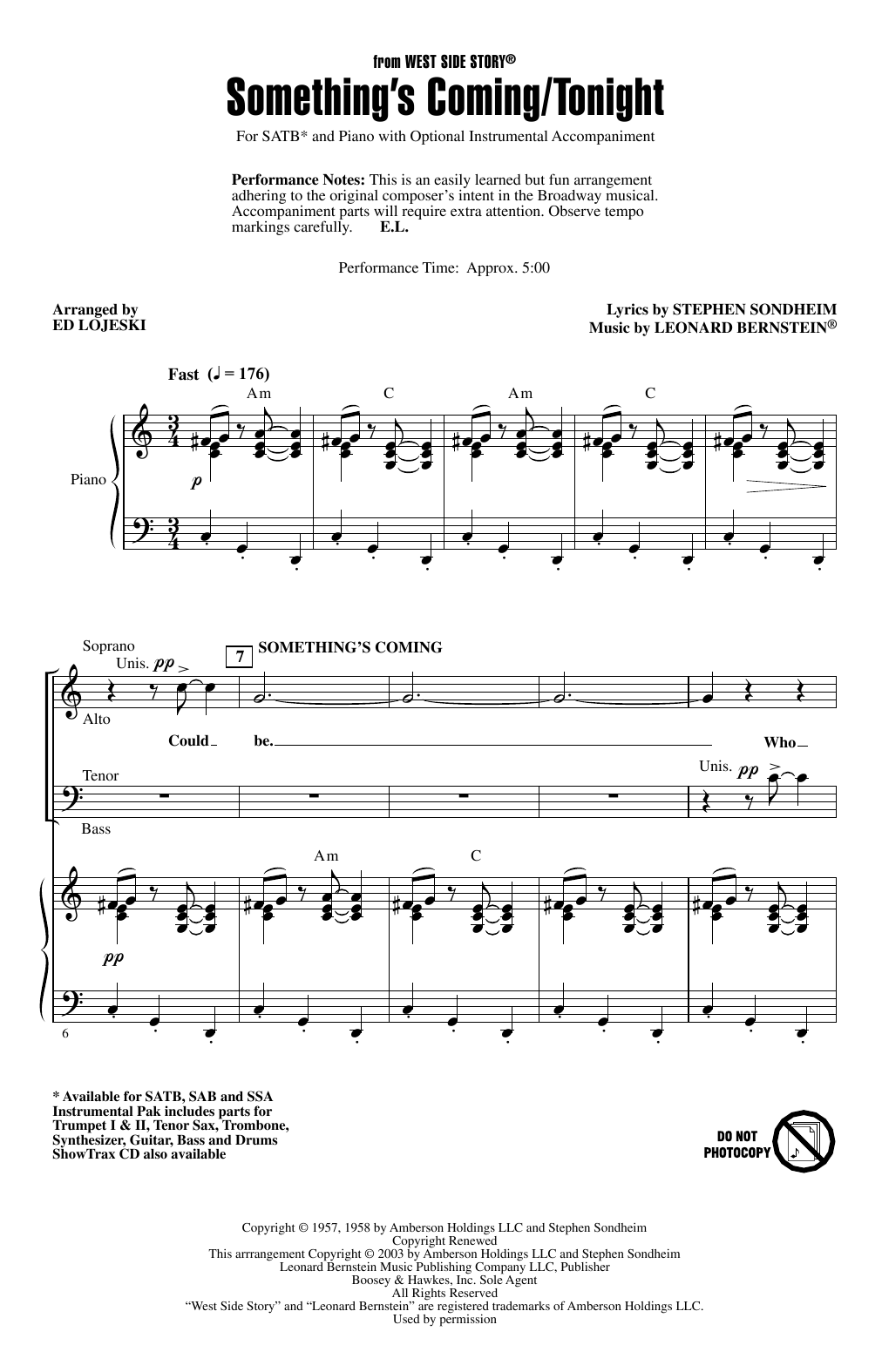 Product picture to: Something's Coming/Tonight (from West Side Story) (arr. Ed Lojeski)