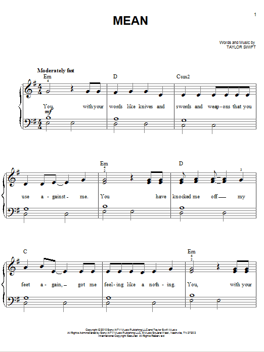 Produktgalerie: Seite 1 von 1 Mean, Taylor Swift, Klavier