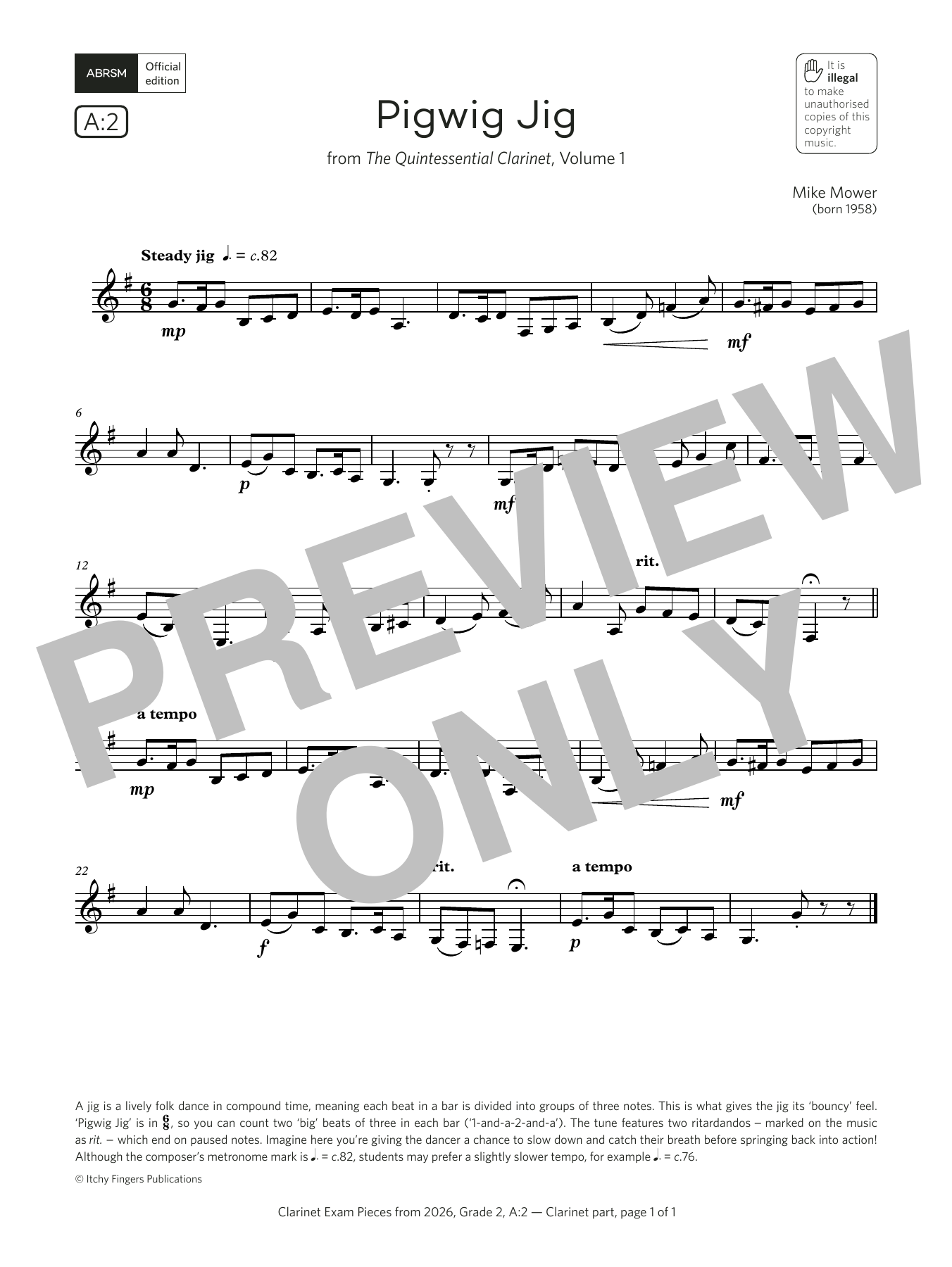 Product gallery: Page 1 of 1 Pigwig Jig (Grade 2, list A2, from the ABRSM Clarinet Syllabus from 2026), Mike Mower