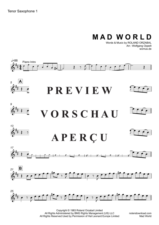 Product gallery: Page 6 of 10 Mad World , Andrews, Michael & Jules, Gary, (2x Tenor Saxophon + Klavier, Violoncello opt.)