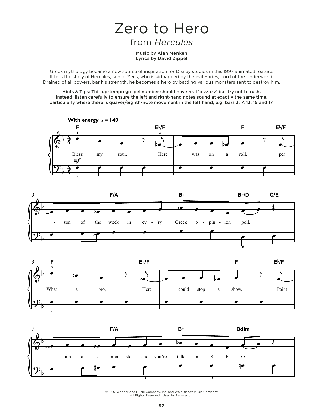 Produktgalerie: Seite 1 von 1 Zero To Hero (from Hercules), Alan Menken, Klavier