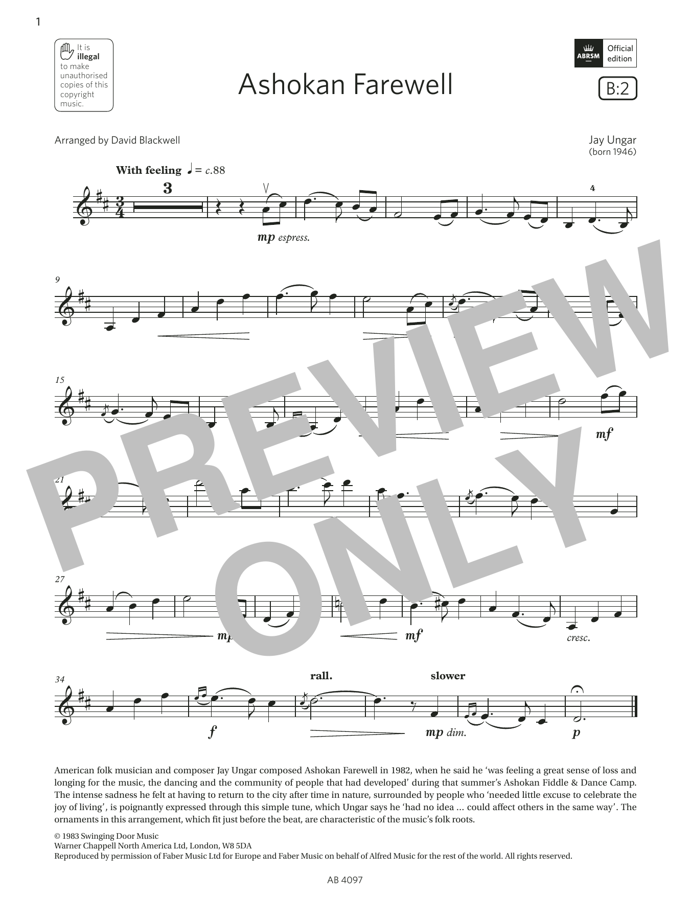 Produktbild zu:  Ashokan Farewell (Grade 3, B2, from the ABRSM Violin Syllabus from 2024) - Jay Ungar