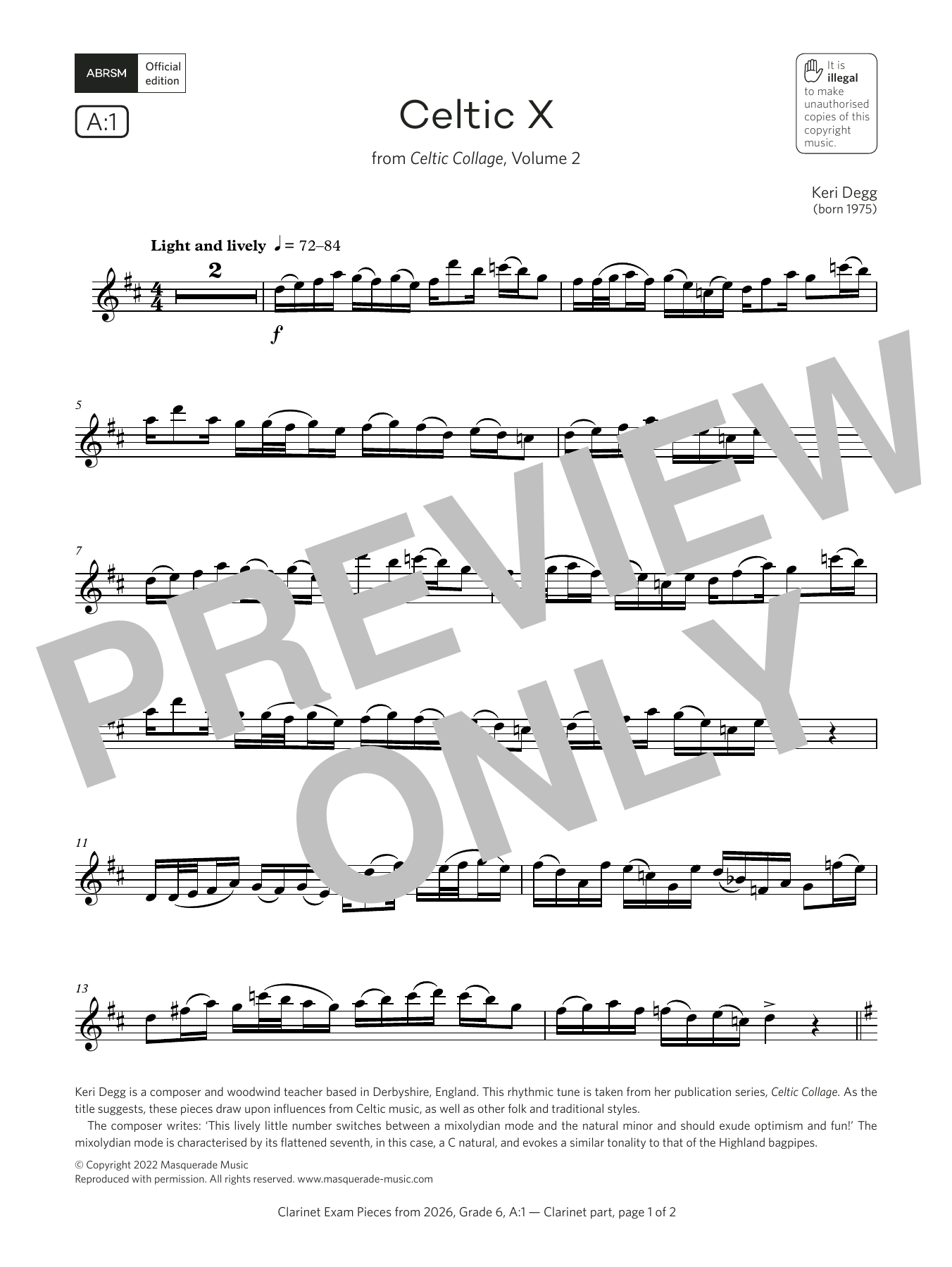 Product gallery: Page 1 of 1 Celtic X (Grade 6, list A1, from the ABRSM Clarinet Syllabus from 2026), Keri Degg