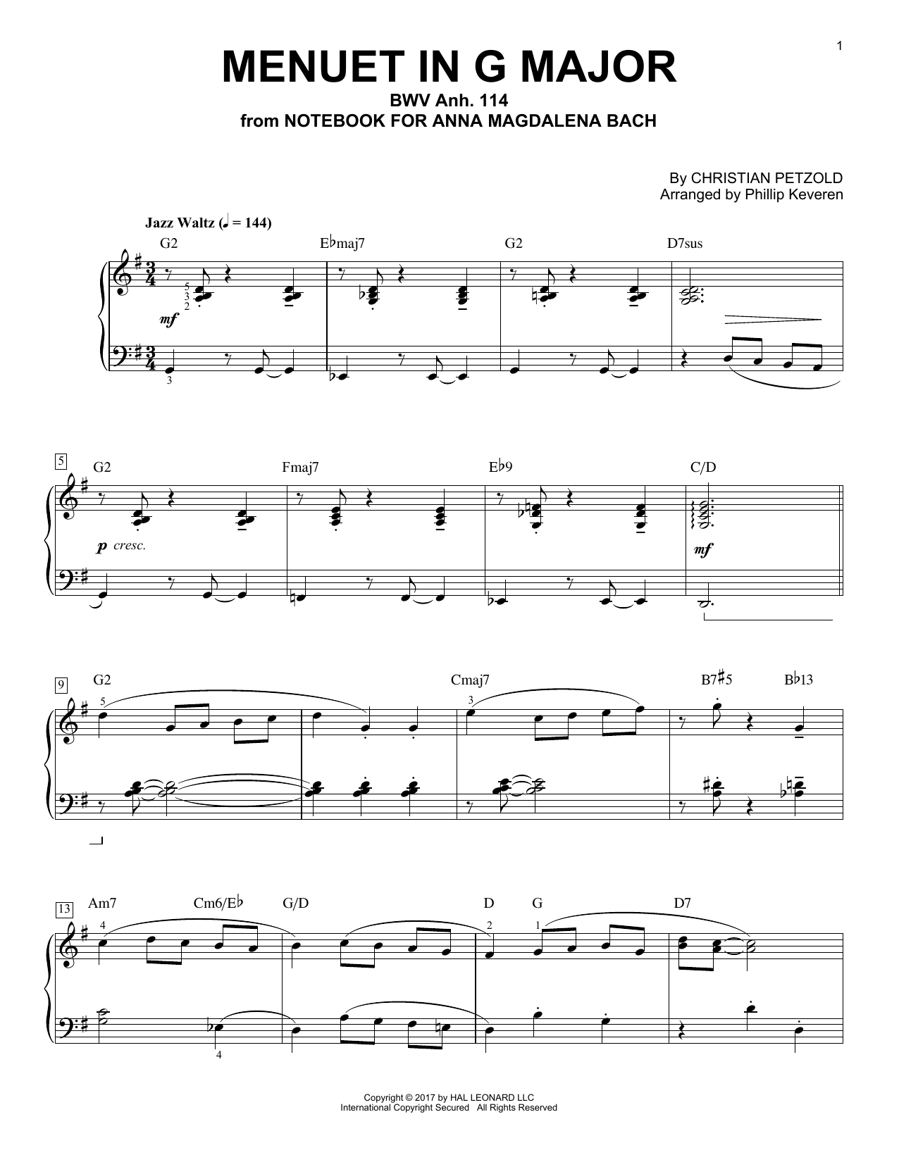 Product gallery: Page 1 of 1 Menuet In G Major, BMV Anh. 114 [Jazz version] (arr. Phillip Keveren), Christian Petzold