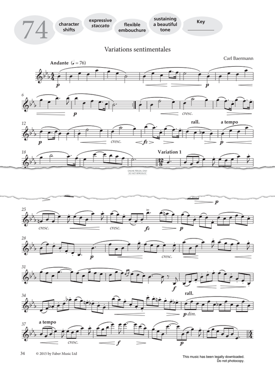 Product gallery: Page 1 of 1 Study No.74 'Variations Sentimentales' (from 'More Graded Studies For Clarinet Book Two'), Carl Baermann