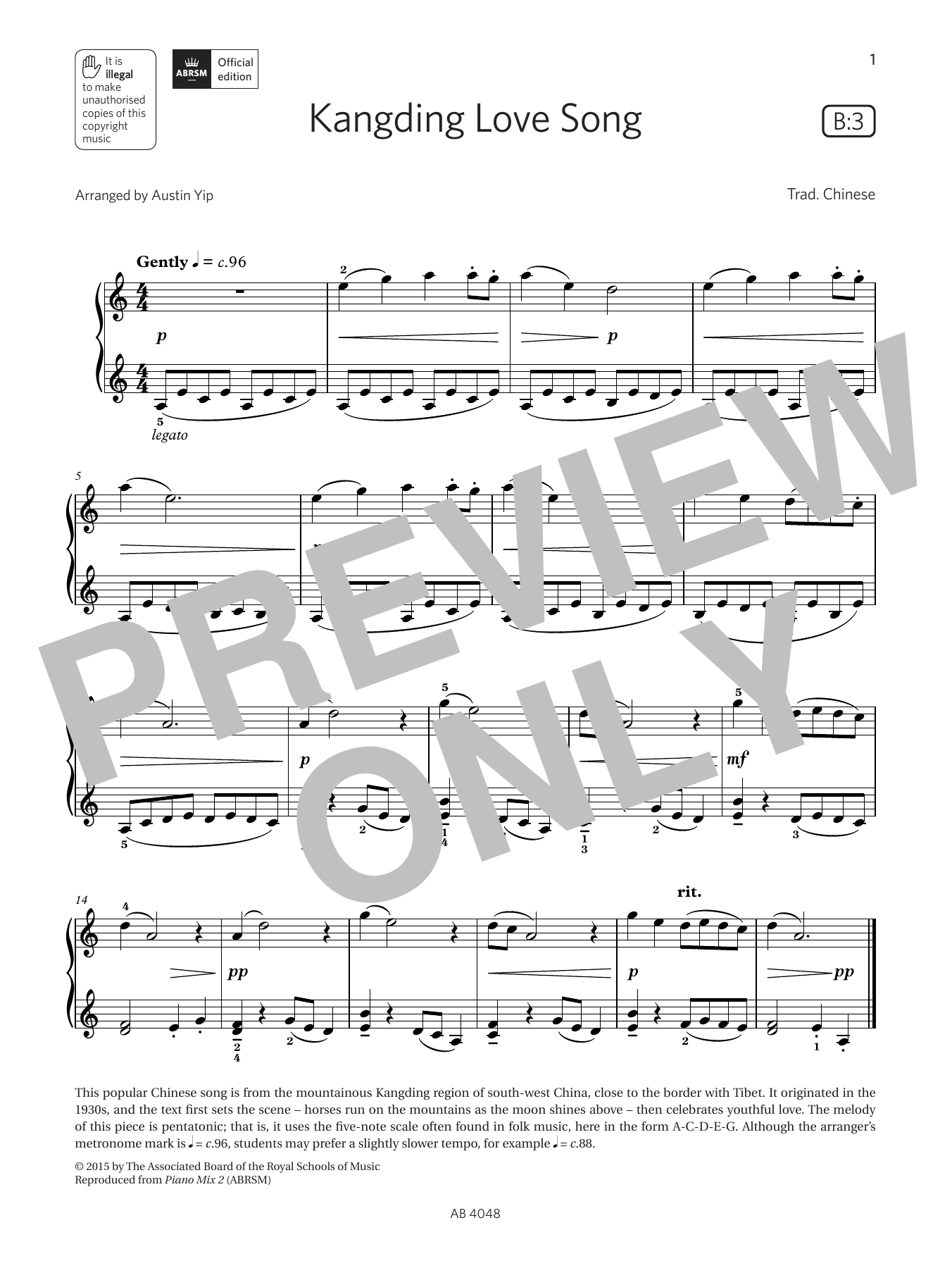 Produktbild zu: Kangding Love Song (Grade 2, list B3, from the ABRSM Piano Syllabus 2023 & 2024)