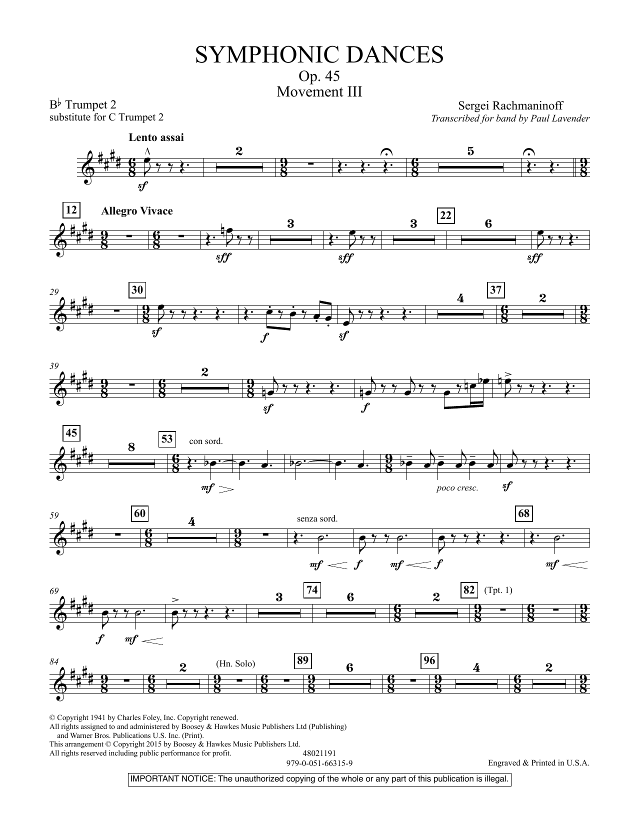 Product picture to: Symphonic Dances, Op.45 - Bb Trumpet Parts - Digital Only - Bb Trumpet 2 (sub. C Tpt. 2)