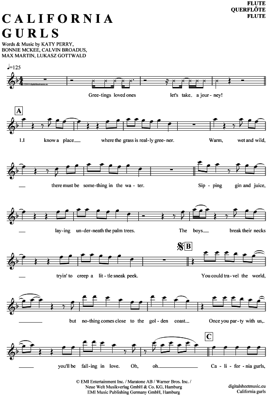 Product gallery: Page 1 of 4 California gurls , Perry, Katy, (transverse flute)