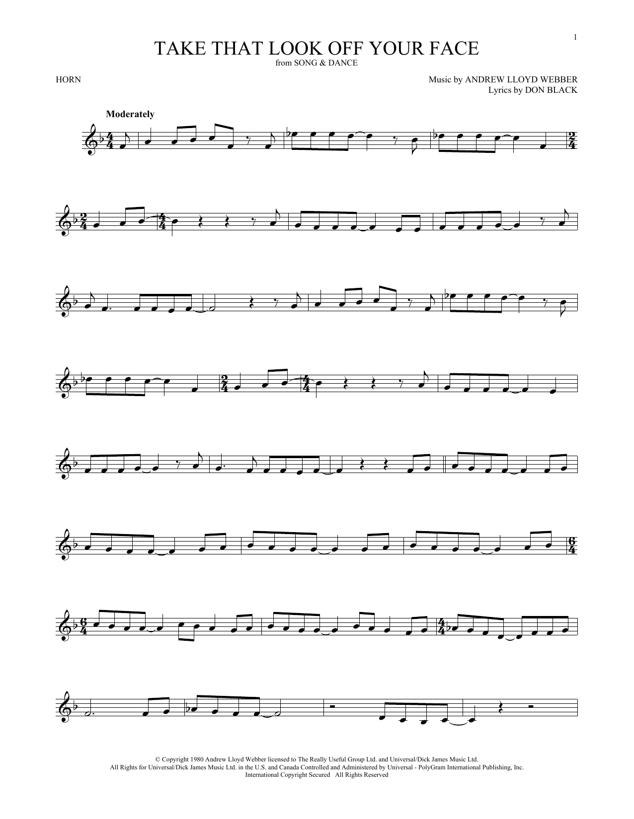 Produktgalerie: Seite 1 von 1 Take That Look Off Your Face (from Tell Me On a Sunday), Andrew Lloyd Webber, Horn