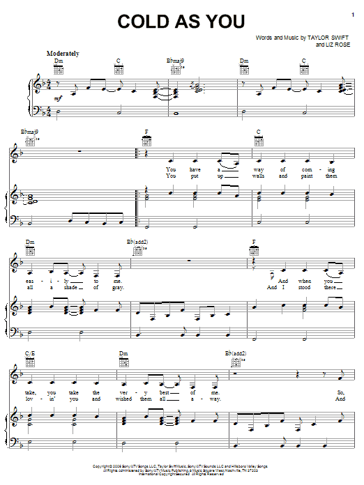 Produktgalerie: Seite 1 von 1 Cold As You, Taylor Swift, Gesang, Gitarre, Klavier