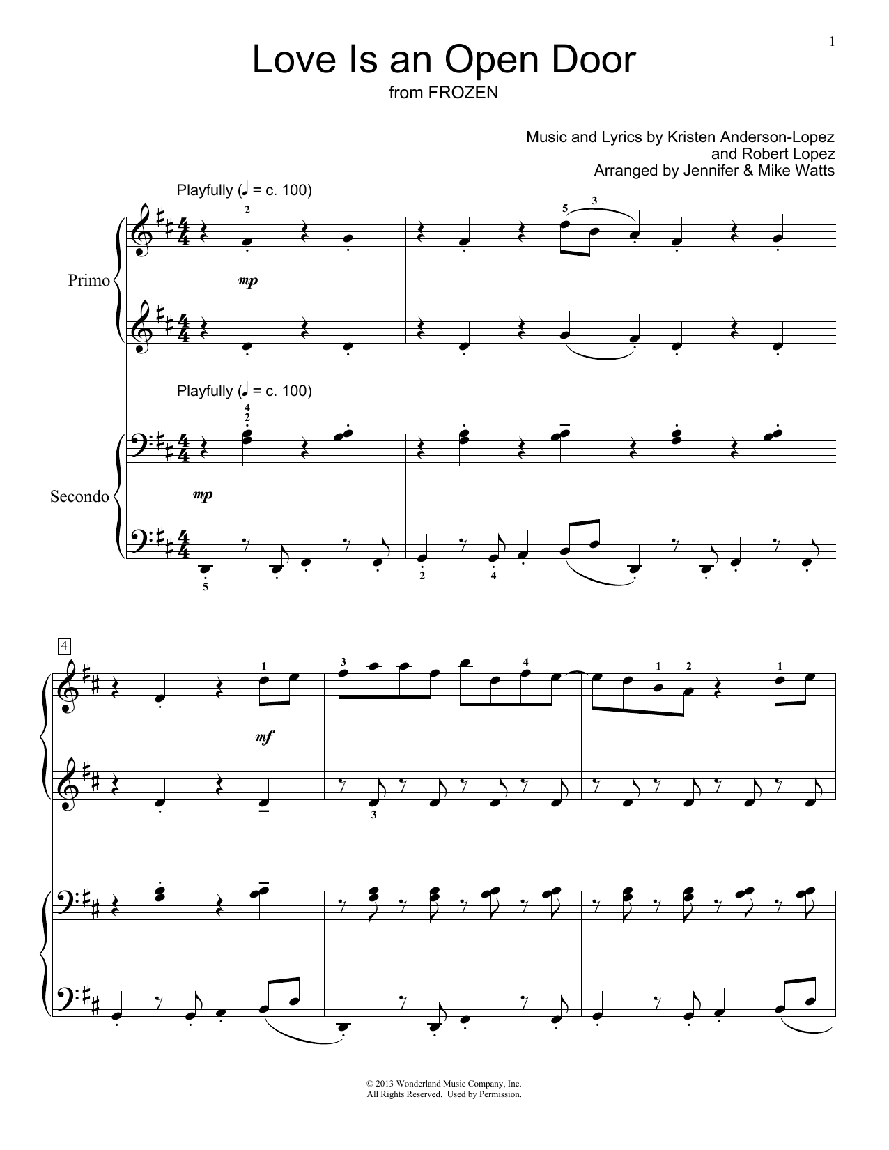Product picture to: Love Is An Open Door (from Frozen) (arr. Jennifer and Mike Watts)