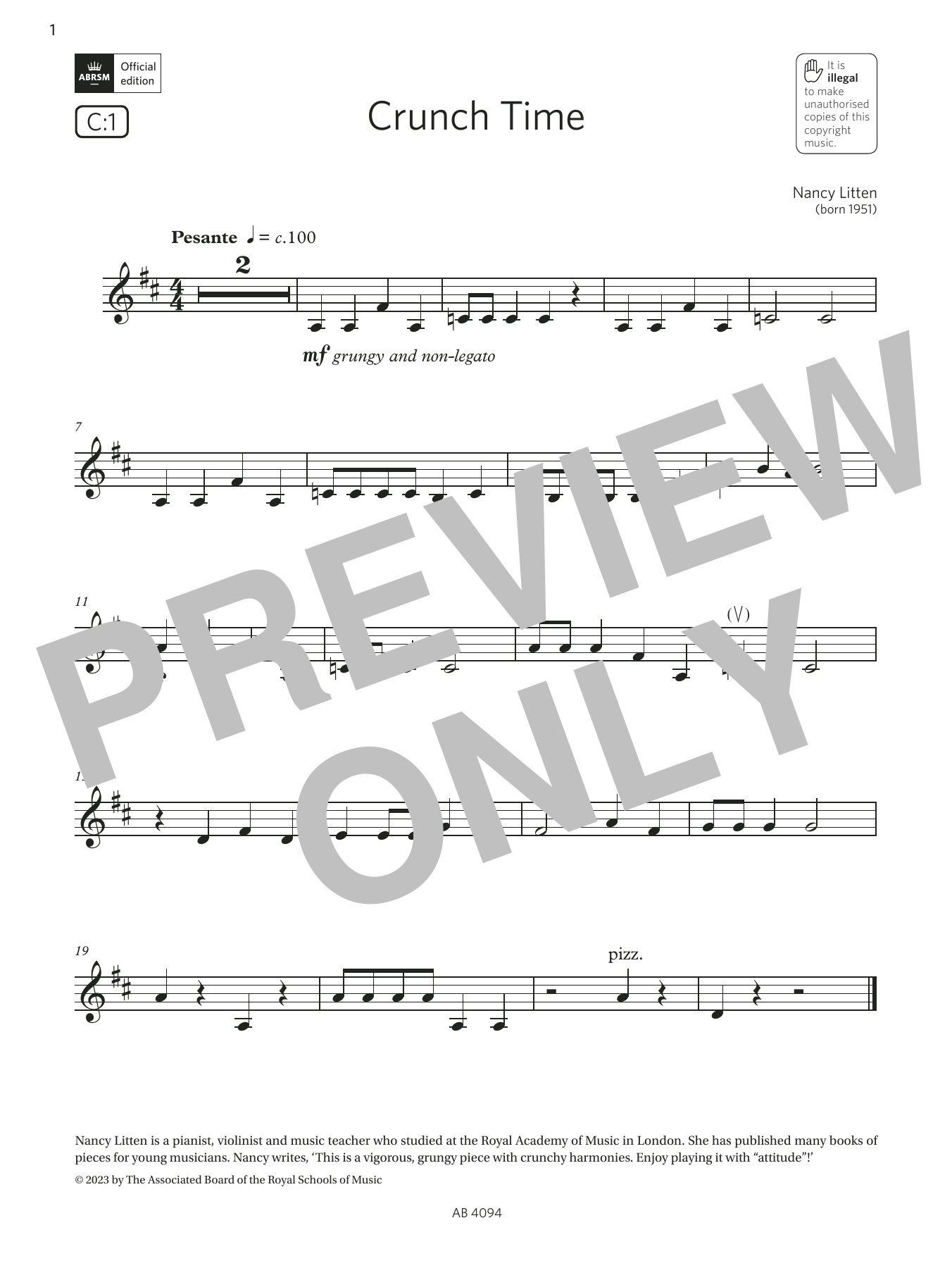 Product gallery: Page 1 of 1 Crunch Time (Grade Initial, C1, from the ABRSM Violin Syllabus from 2024), Nancy Litten