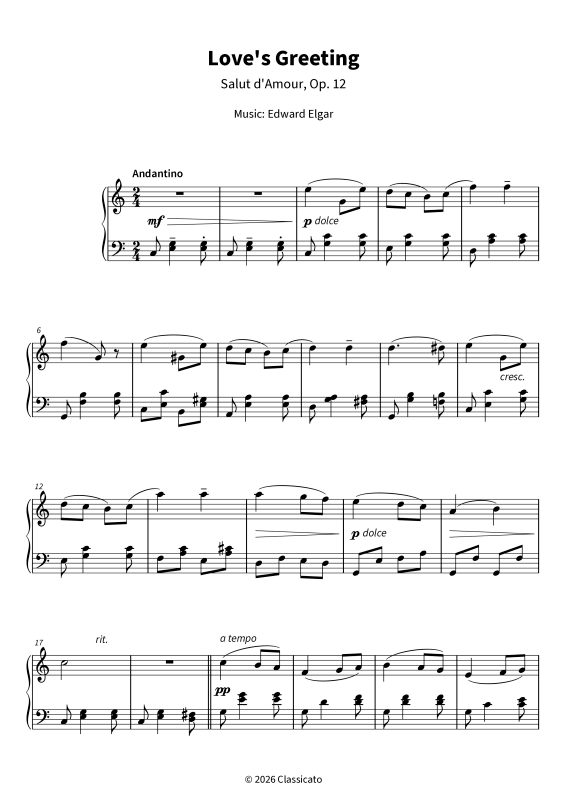 Produktgalerie: Seite 1 von 6 Love´s Greeting - Salut d´Amour op. 12 - simplified version in C major - delicate and warmly flowing, , Klavier Solo