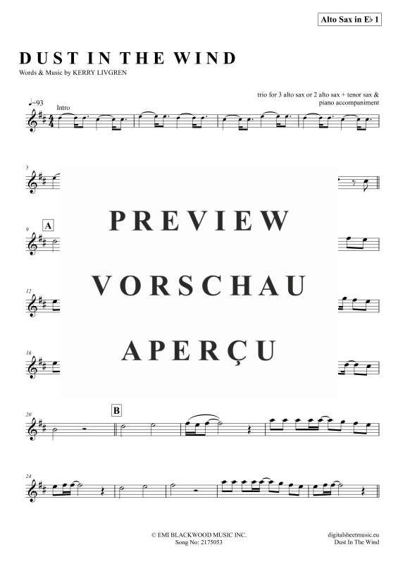 Product gallery: Page 8 of 11 Dust In The Wind, Kansas, (Saxophone Trio AAA(T) + Piano)