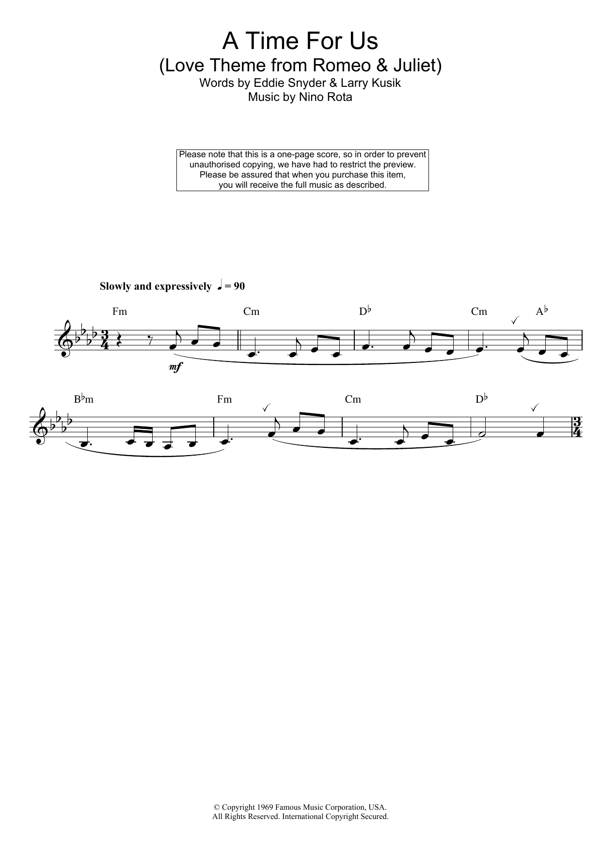 Product gallery: Page 1 of 1 A Time For Us (Love Theme from Romeo and Juliet), Nino Rota