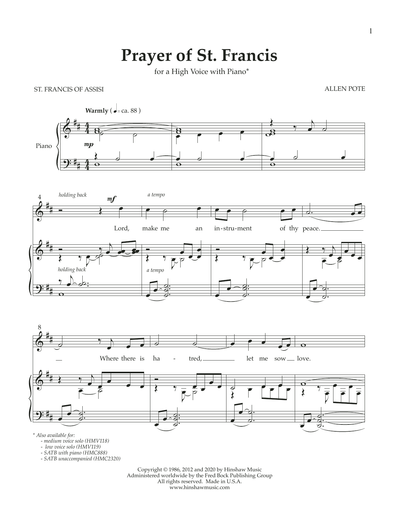 Product gallery: Page 1 of 1 Prayer of St. Francis (High Voice), Allen Pote