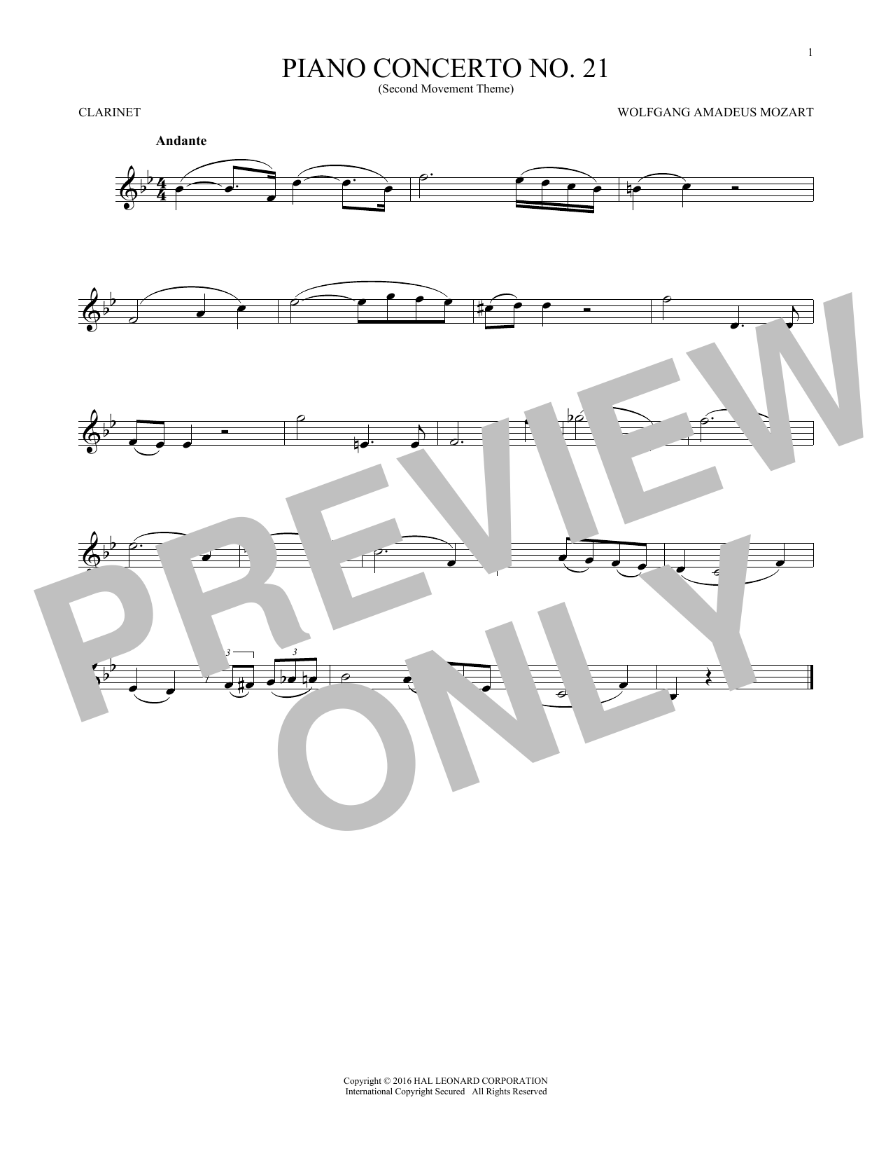 Product gallery: Page 1 of 1 Piano Concerto No. 21 In C Major ("Elvira Madigan"), Second Movement Excerpt, Wolfgang Amadeus Mozart
