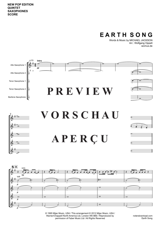 Product gallery: Page 2 of 15 Earth Song , Jackson Michael, (Saxophone Quintet AATTB)