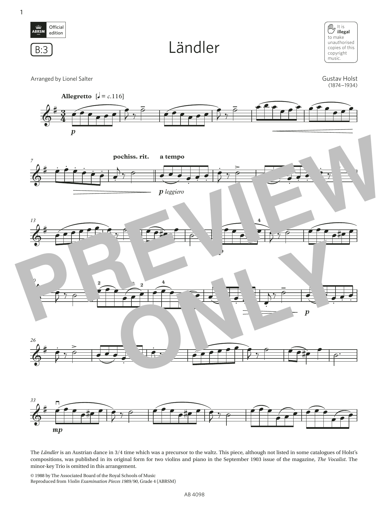 Product gallery: Page 1 of 1 Ländler (Grade 4, B3, from the ABRSM Violin Syllabus from 2024), Gustav Holst
