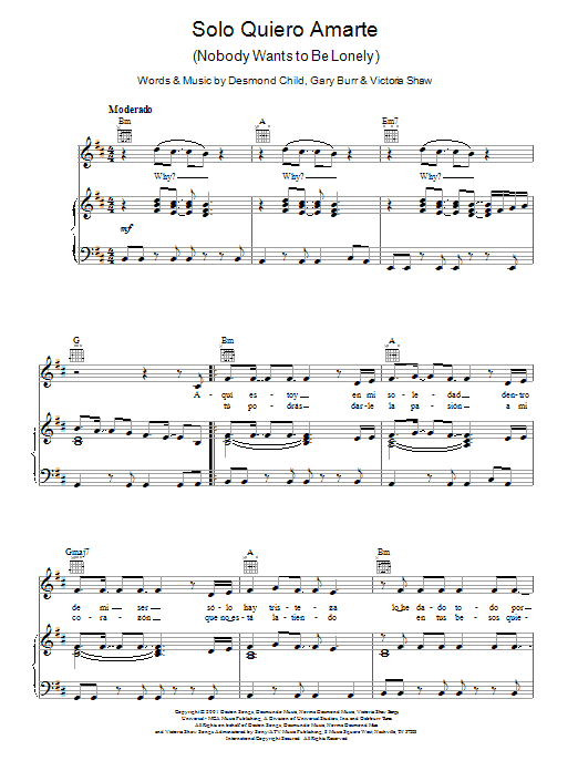 Produktgalerie: Seite 1 von 1 Nobody Wants To Be Lonely, Ricky Martin with Christina Aguilera, Gesang, Gitarre, Klavier