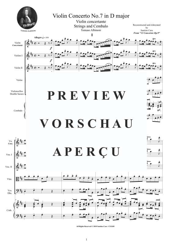 Produktgalerie: Seite 2 von 11 Concerto No.7 in D-Dur Op.9 for, , Violine concertante, Streicher Ensemble und Cembalo BC