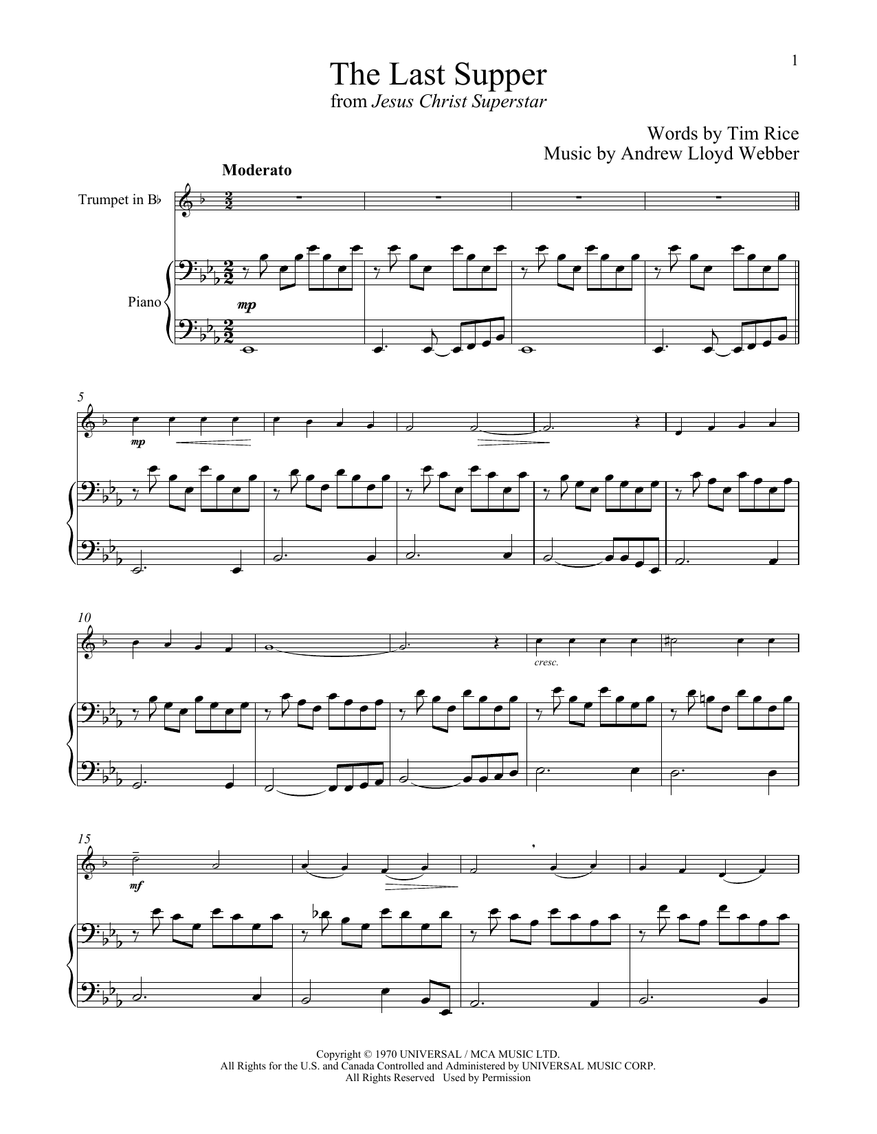 Produktgalerie: Seite 1 von 1 The Last Supper (from Jesus Christ Superstar), Andrew Lloyd Webber, Horn, Klavier