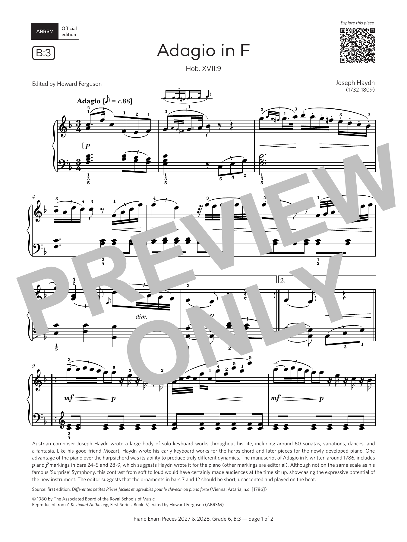 Product picture to: Adagio in F (Grade 6, list B3, from the ABRSM Piano Syllabus 2027 & 2028)