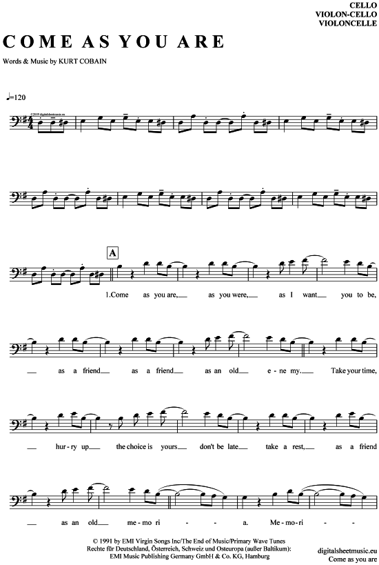 Produktgalerie: Seite 1 von 4 Come as you are , Nirvana, (Violon-Cello)
